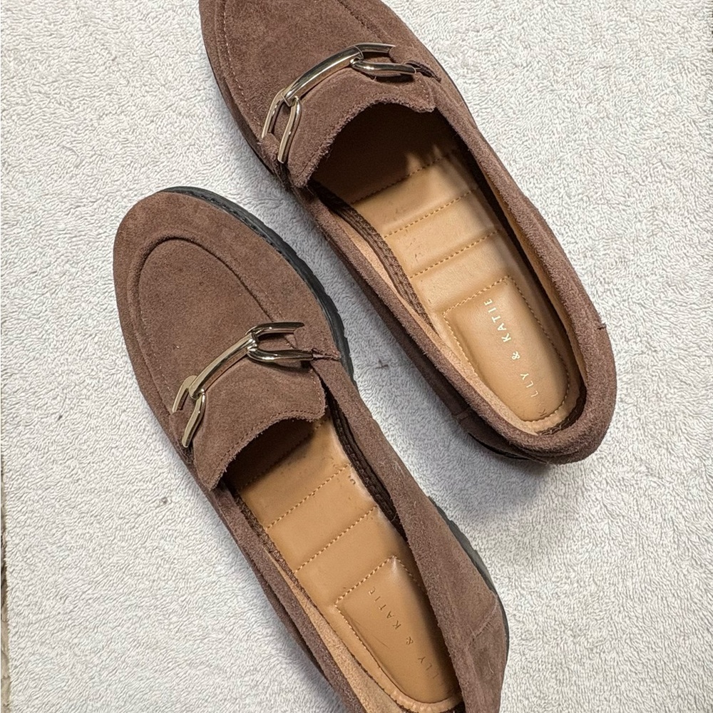 Brown Suede Loafers with Silver Buckle